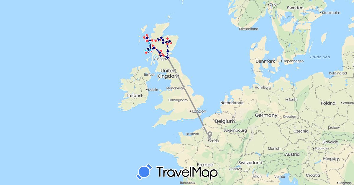 TravelMap itinerary: driving, plane, hiking, boat in France, United Kingdom (Europe)