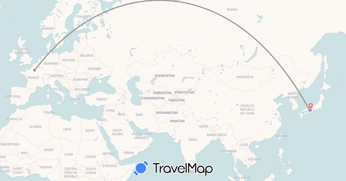 TravelMap itinerary: driving, plane, train, hiking in France, Japan (Asia, Europe)