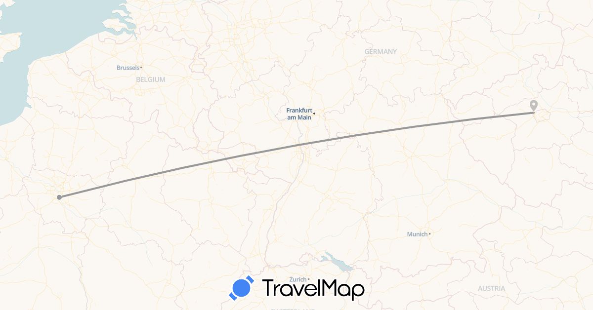 TravelMap itinerary: driving, plane in Czech Republic, France (Europe)